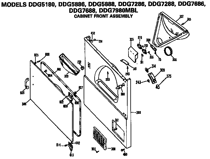 GE DDG7686MBL cabinet front diagram