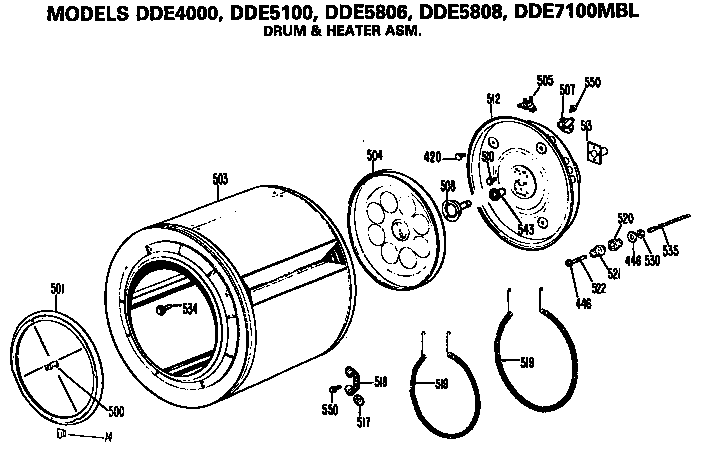 GE DDE7100MBL drum and heater assembly diagram