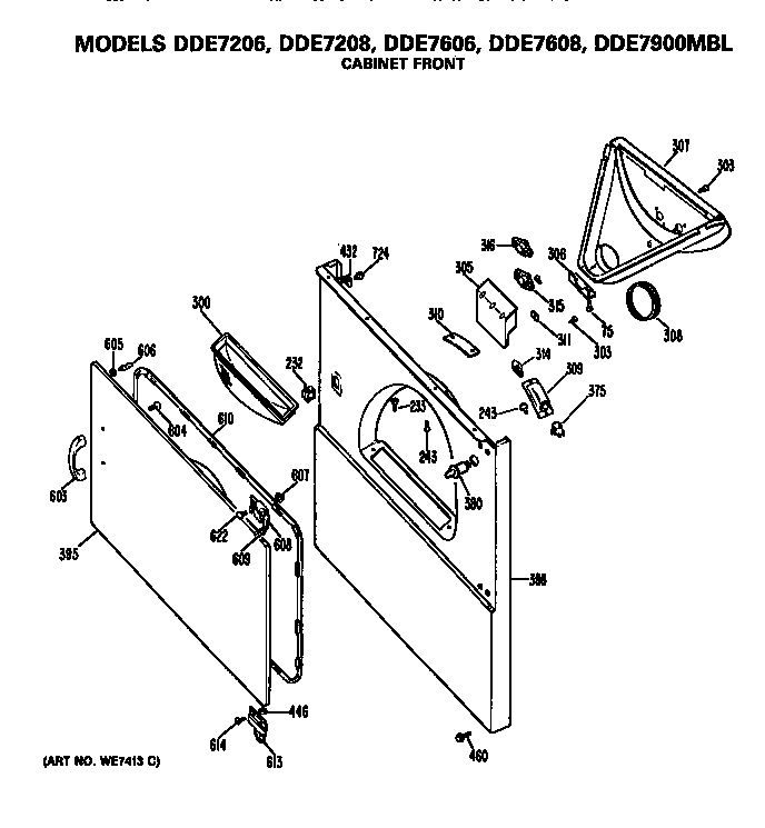 GE DDE7608MBL cabinet front diagram