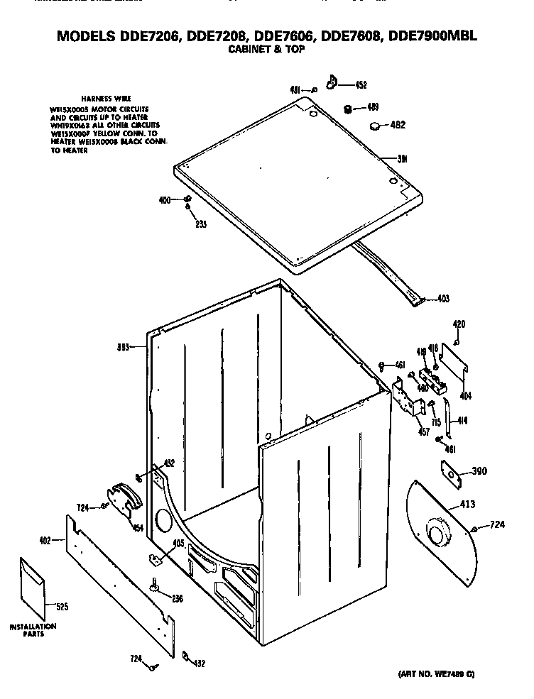 GE DDE7608MBL cabinet and top diagram
