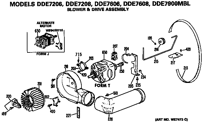 GE DDE7608MBL blower and drive assembly diagram