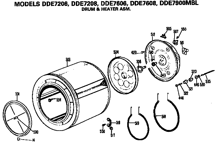 GE DDE7608MBL drum and heater assembly diagram