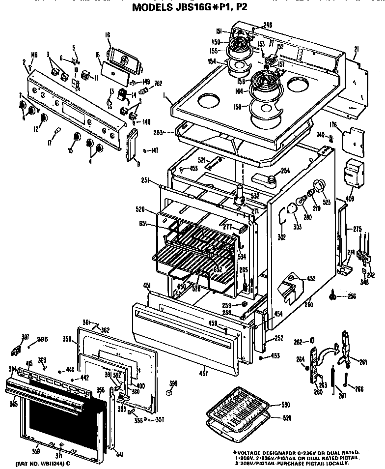 GE JBS16G*P1 main body/cooktop/controls diagram