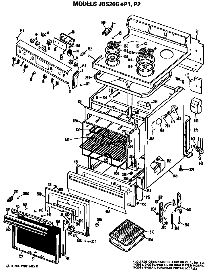 GE JBS26G*P2 main body/cooktop/controls diagram