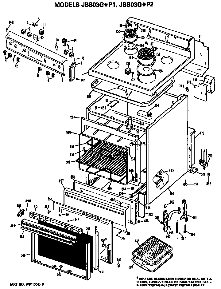 GE JBS03G*P2 main body/cooktop/controls diagram