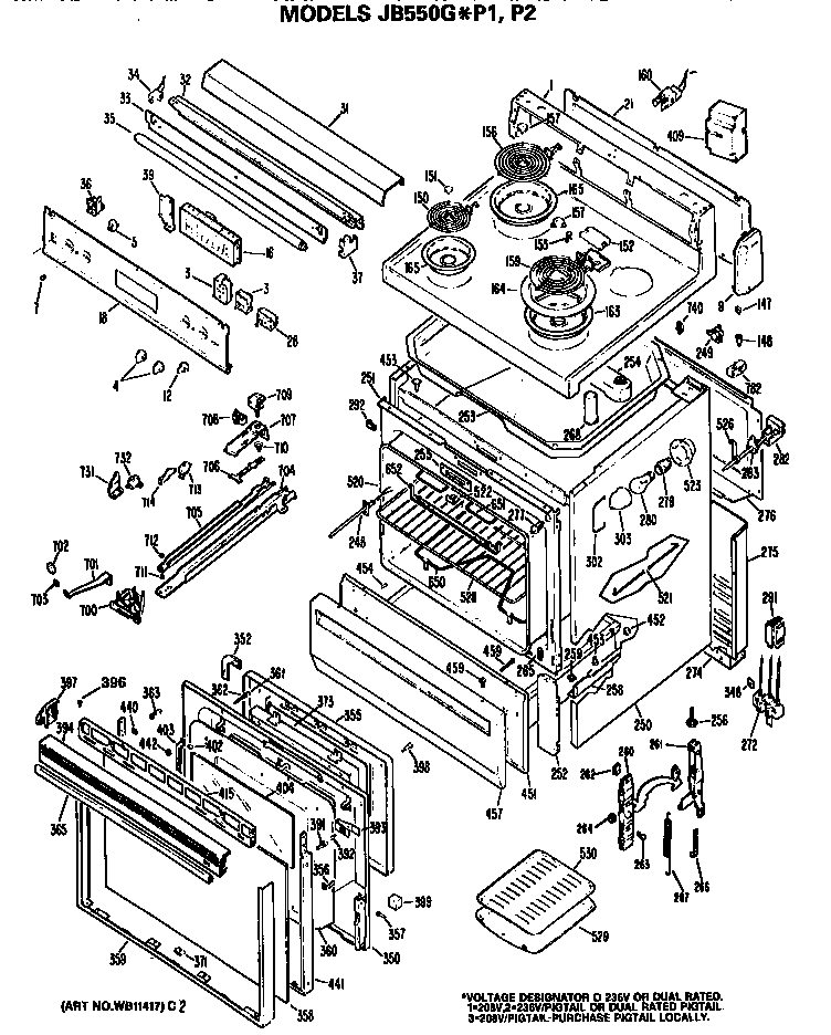 GE JB550GP1 main body/cooktop/controls diagram