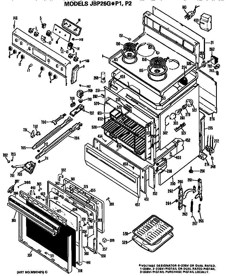 GE JBP26GP1 main body/cooktop/controls diagram