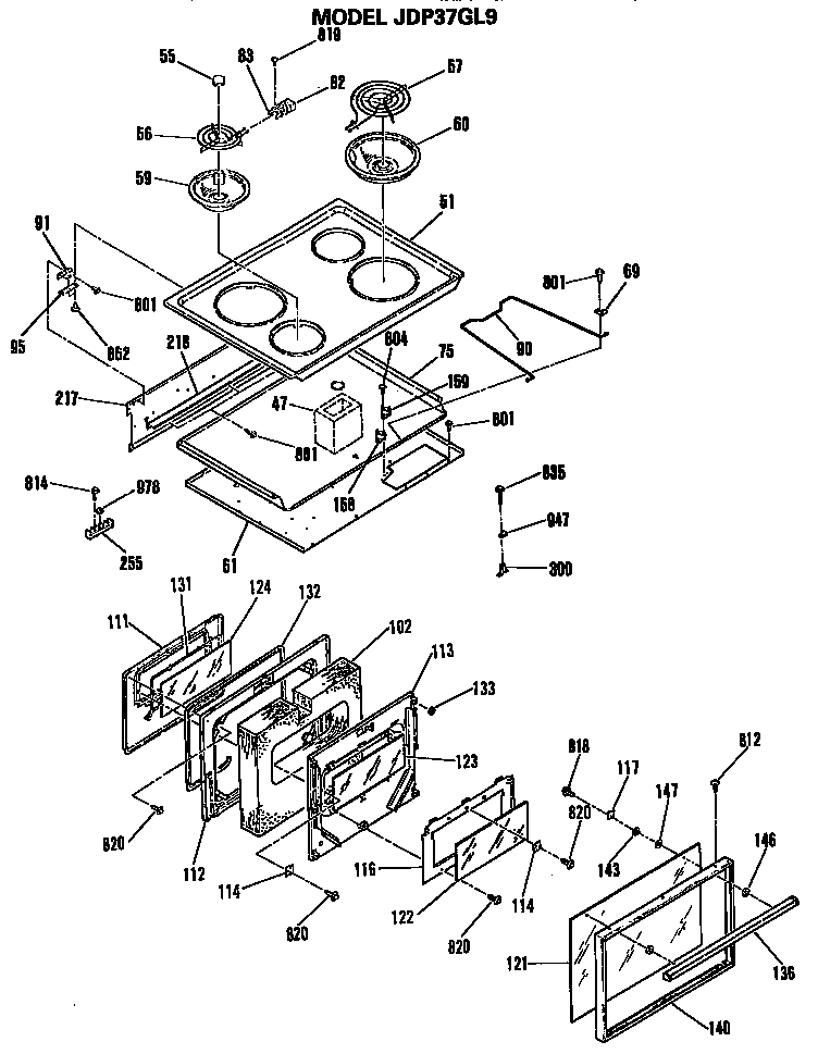 GE JDP37GL9 cooktop/door diagram