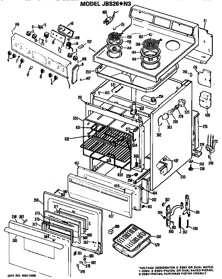 GE JBS26*N3 cooktop/main body/controls diagram