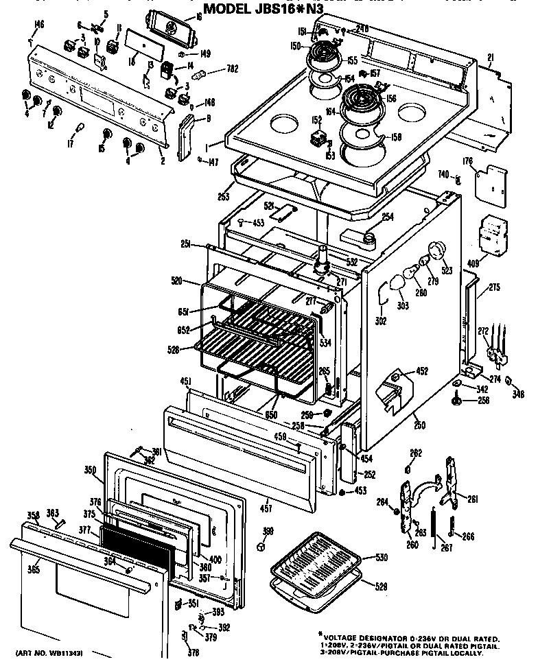 GE JBS16*N3 cooktop/main body/controls diagram