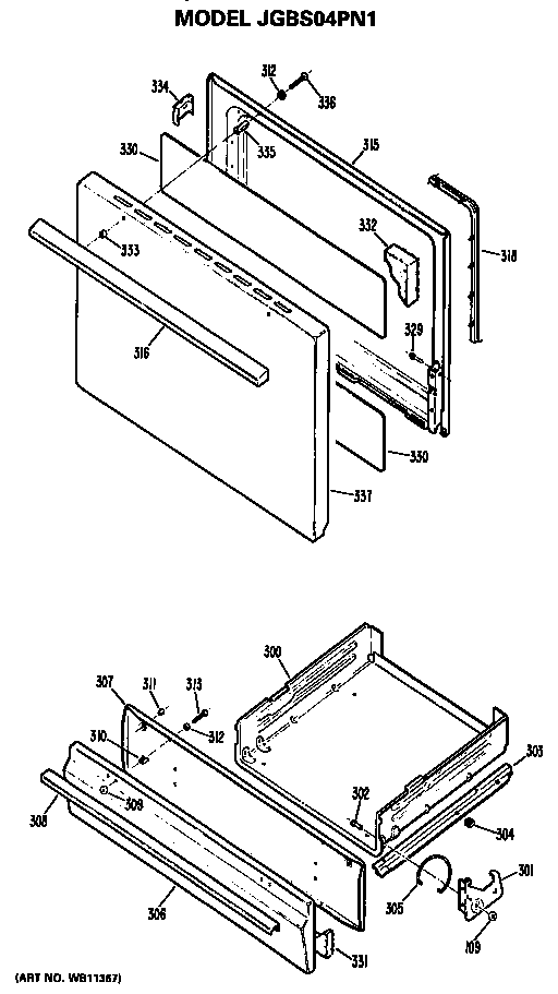 GE JGBS04PN1 door and broiler assembly diagram
