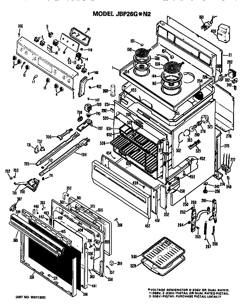 GE JBP26GN2 cooktop/main body/controls diagram