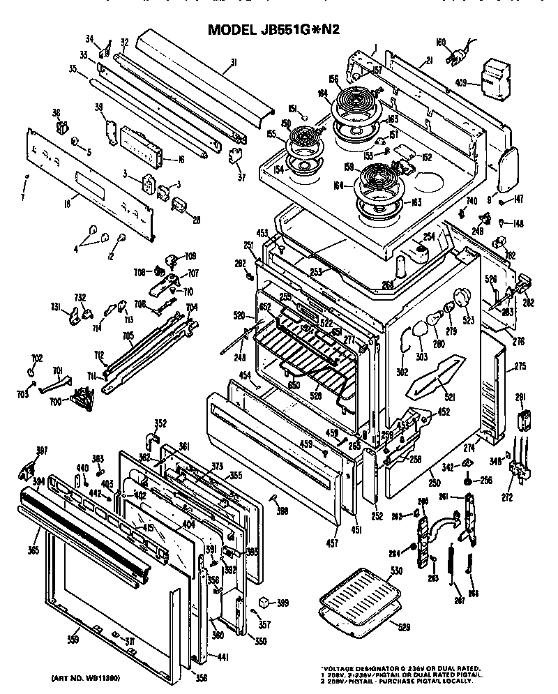 GE JB551G*N2 cooktop/main body/controls diagram
