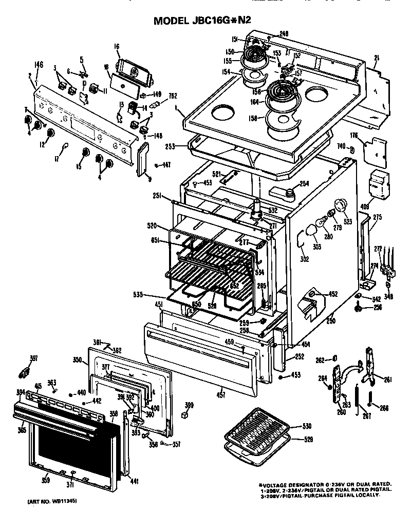 GE JBC16G*N2 cooktop/main body/controls diagram