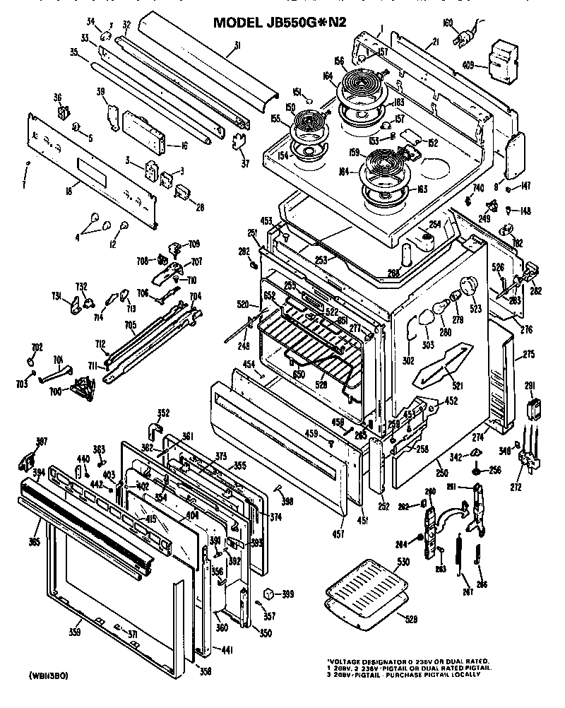 GE JB550GN2 cooktop/main body/controls diagram