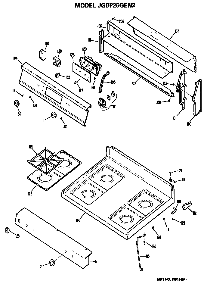 GE JGBP25GEN2 cooktop and backsplash diagram
