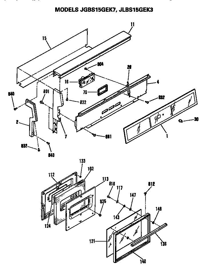 GE JLBS15GEK3 backsplash and door assembly diagram