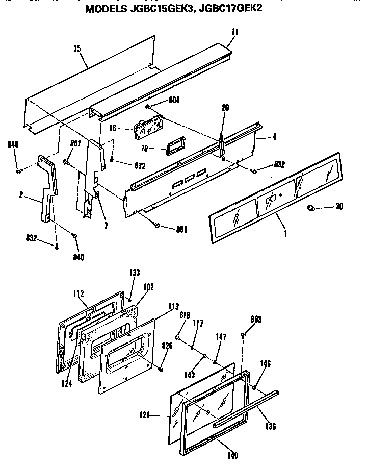 GE JGBC15GEK3 backsplash and oven door diagram
