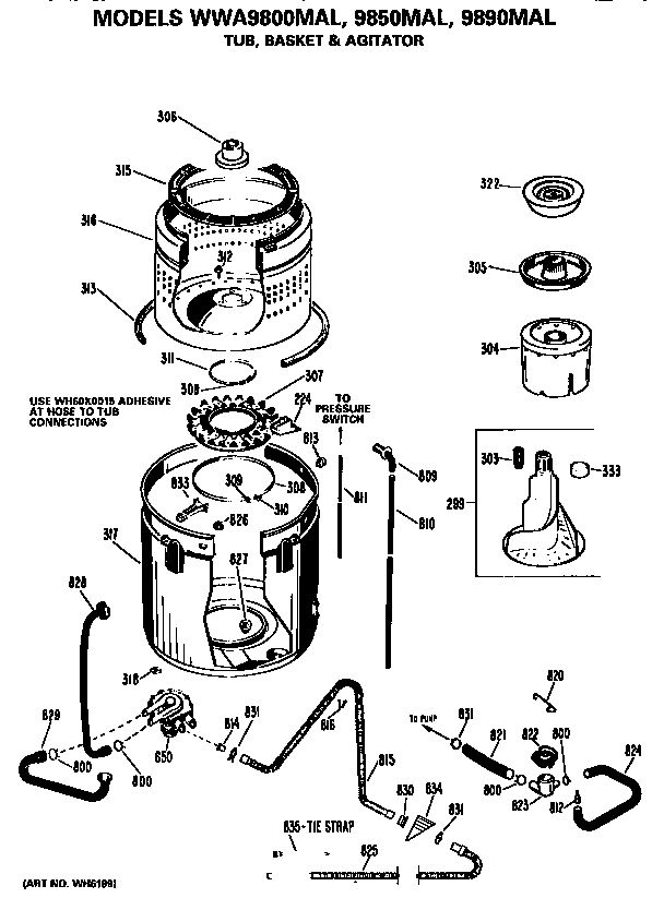 GE WWA9890MAL tub, basket and agitator diagram