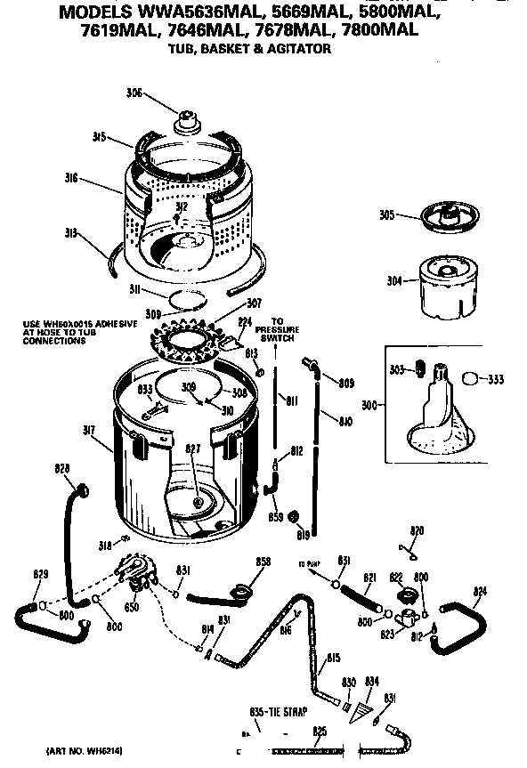 GE WWA7646MAL tub, basket and agitator diagram