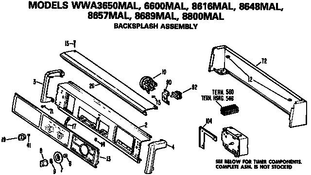 GE WWA8800MAL backsplash for wwa3650, 6600, 8616, 8648, 8657, 8689 and 8800mal diagram