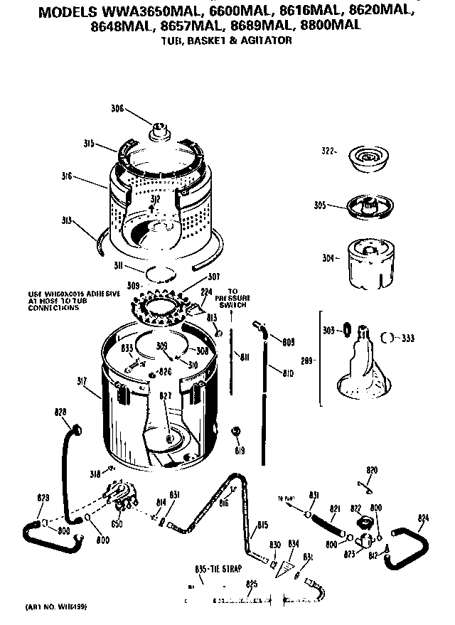 GE WWA8800MAL tub, basket and agitator diagram