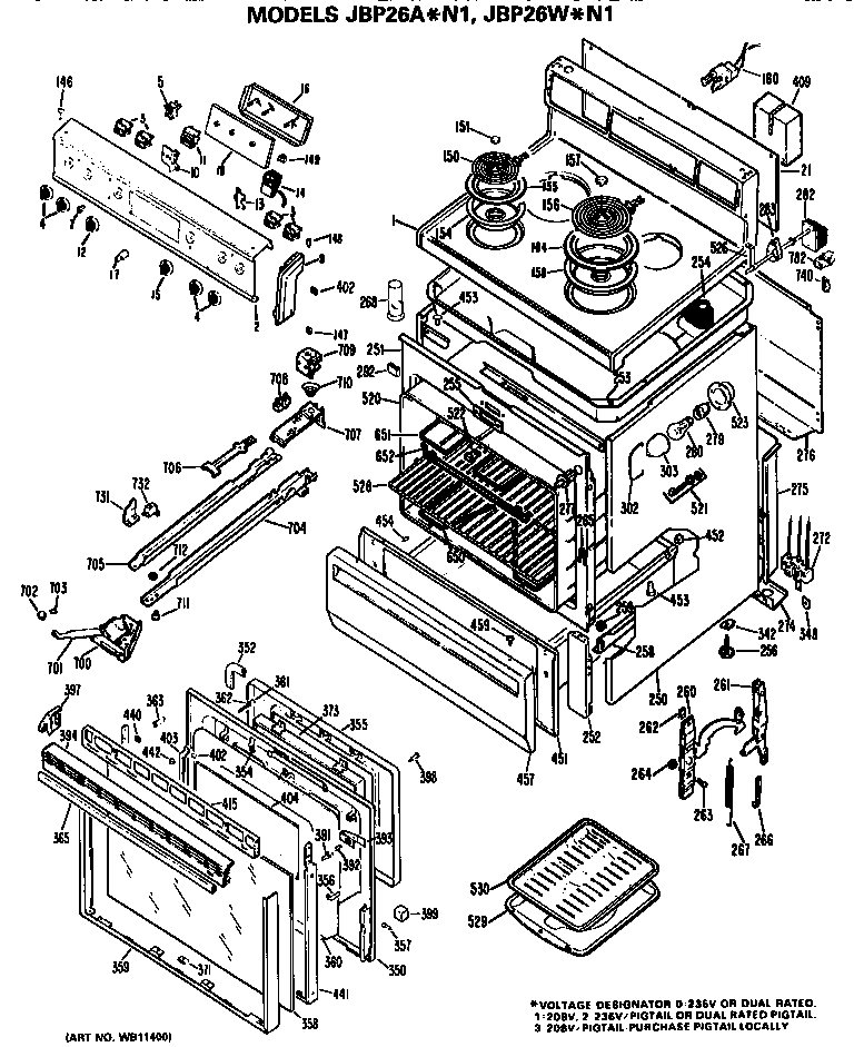 GE JBP26A*N1 main body/cooktop/controls diagram