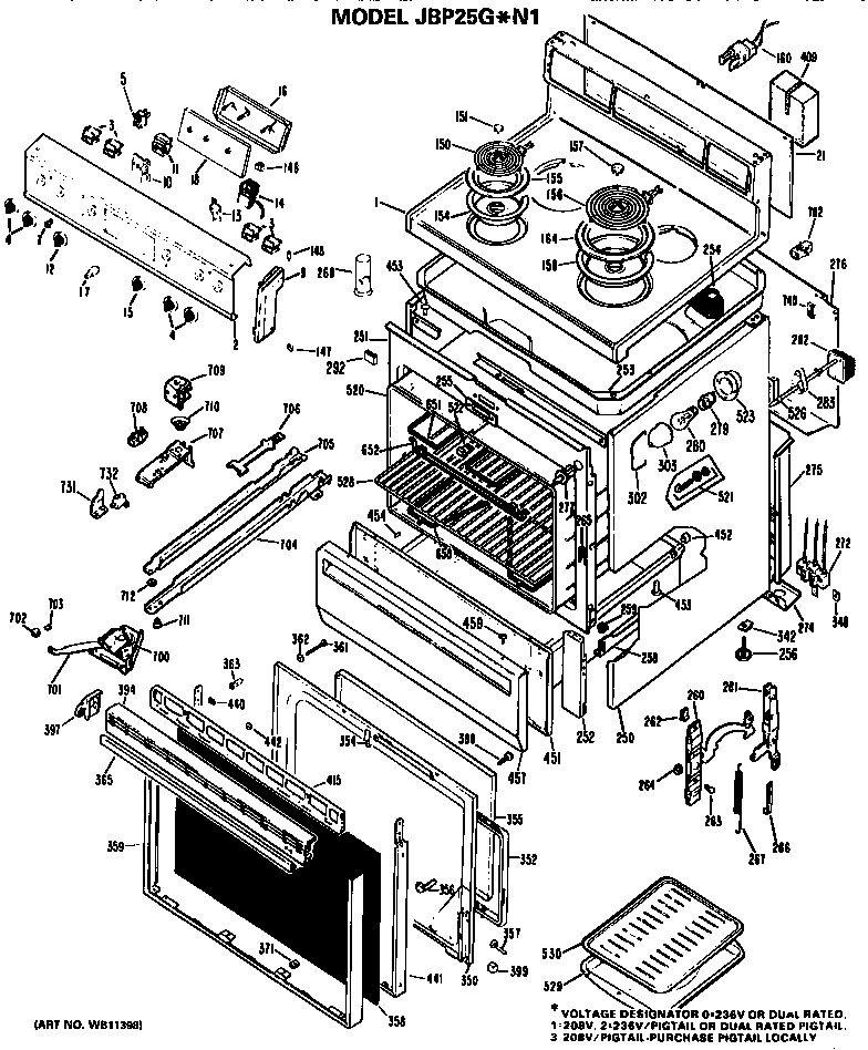 GE JBP25G*N1 main body/cooktop/controls diagram