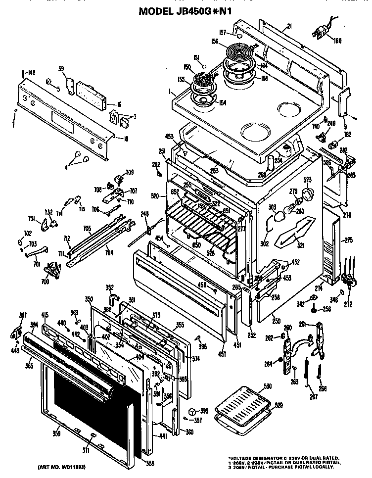 GE JB450G*N1 main body/cooktop/controls diagram