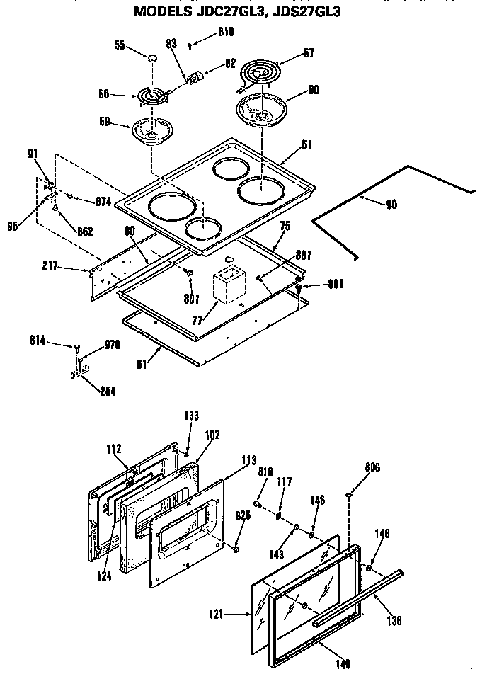GE JDS27GL3 cooktop/door diagram