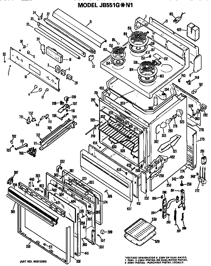 GE JB551G*N1 main body/cooktop/controls diagram