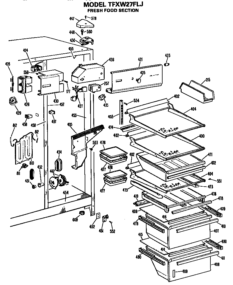 GE TFXW27FLJ refrigerator shelves diagram