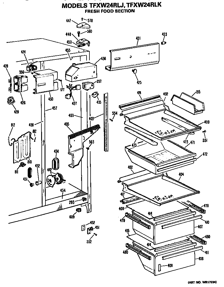 GE TFXW24RLJ fresh food section diagram
