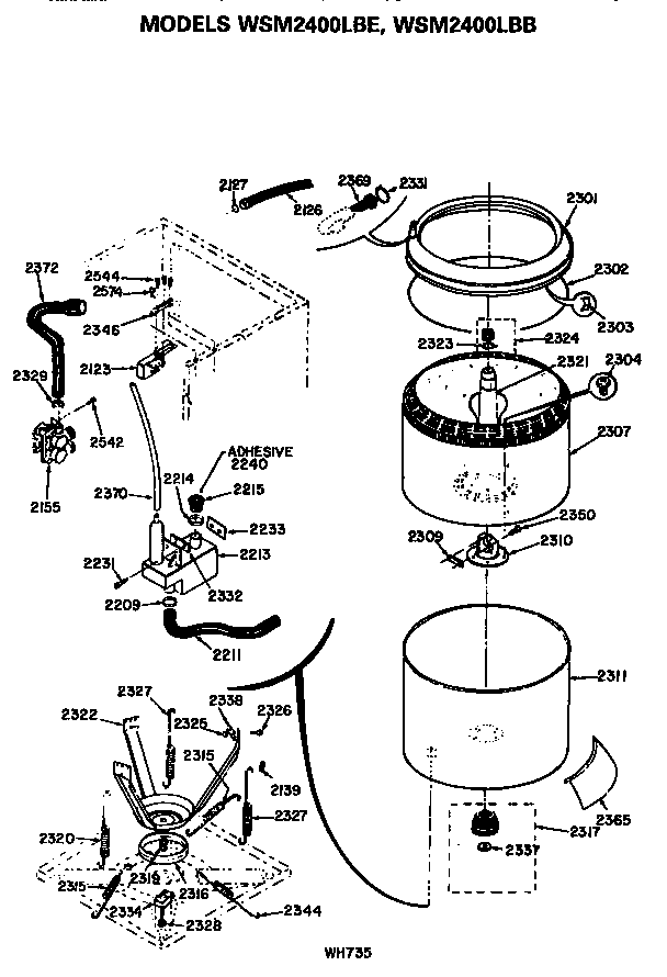 GE WSM2400LBE washer- tubs, suspension and water system diagram