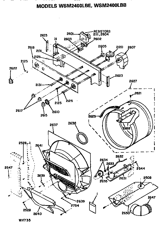 GE WSM2400LBE dryer drum and console controls diagram