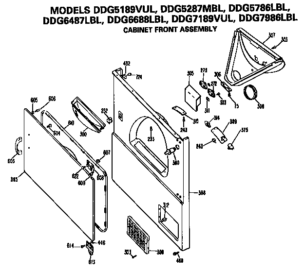 GE DDG7986LBL cabinet front diagram