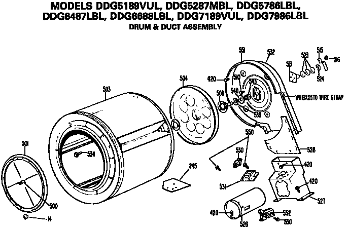 GE DDG7986LBL drum and duct assembly diagram