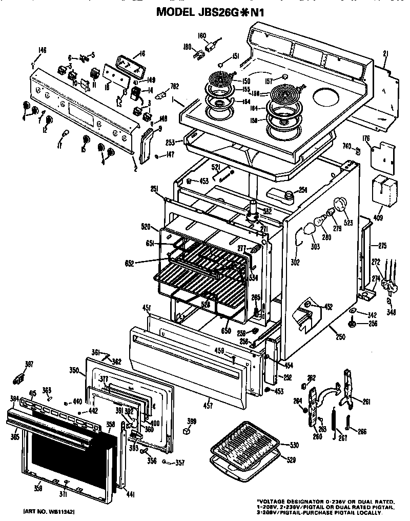 GE JBS26GN1 main body/cooktop/controls diagram