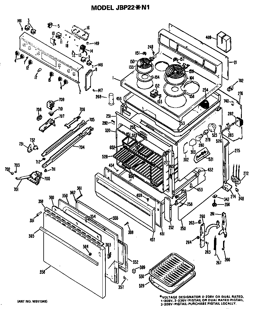 GE JBP22*N1 main body/cooktop/controls diagram