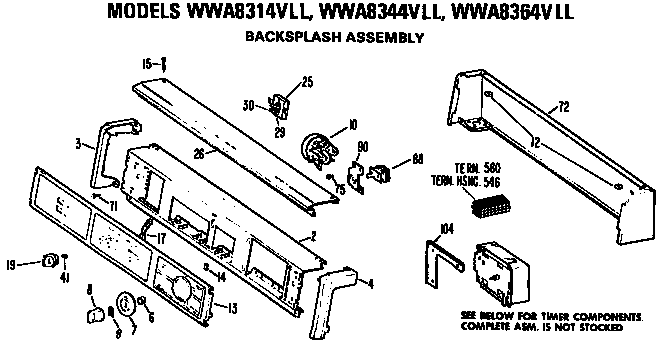 GE WWA8344VLL backsplash for wwa8314, 8344, and 8364vll diagram