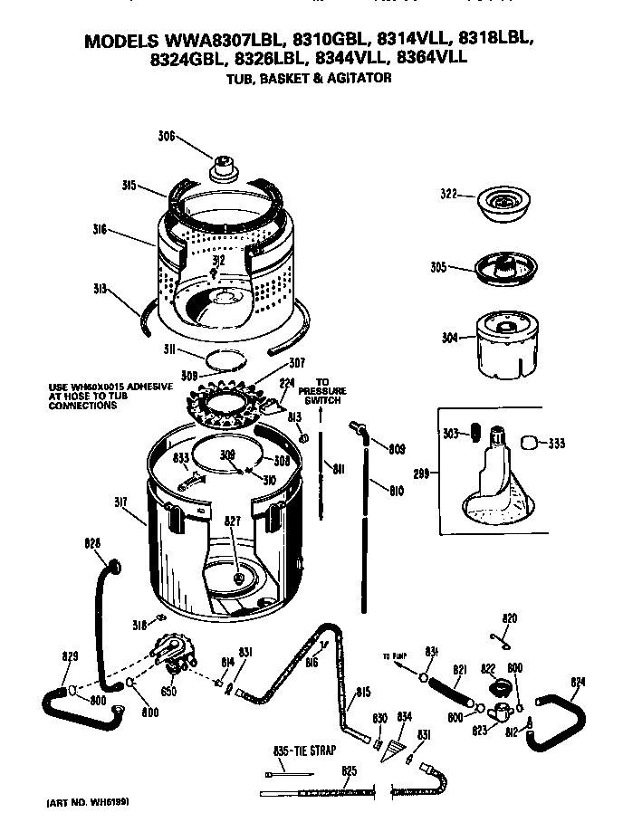 GE WWA8344VLL tub, basket and agitator diagram