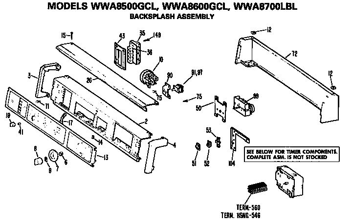 GE WWA8500GCL backsplash for wwa8500,8600 and 8700 diagram