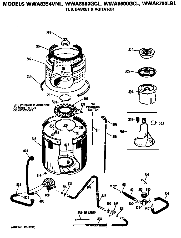 GE WWA8500GCL tub, basket and agitator diagram