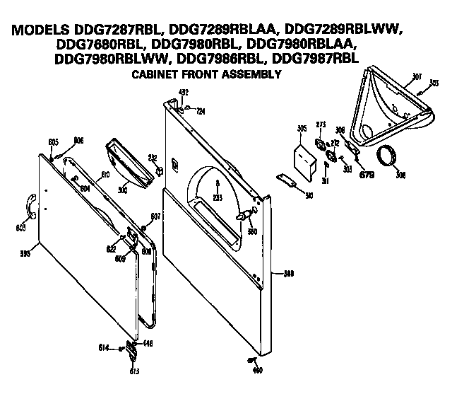 GE DDG7980RBL cabinet front diagram