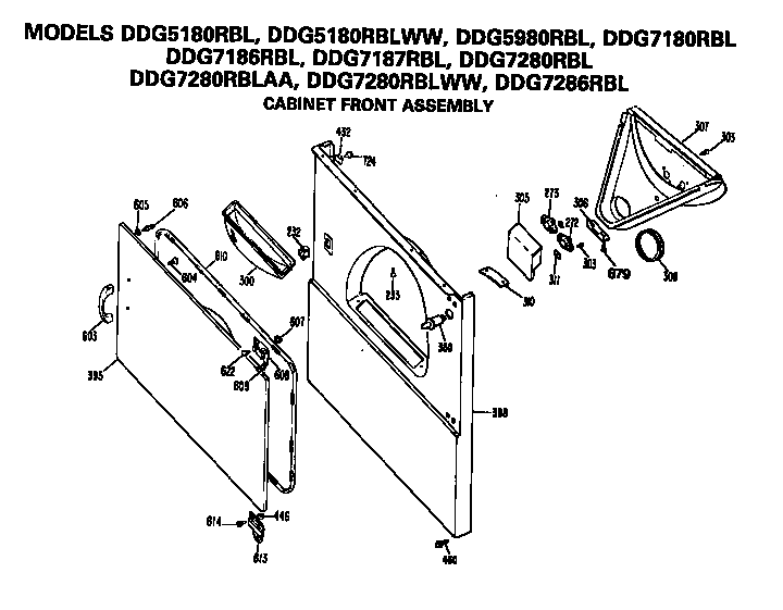 GE DDG5180RBL cabinet front diagram
