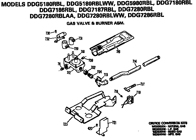 GE DDG5180RBL gas valve and burner diagram