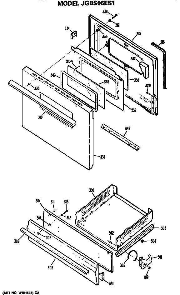 GE JGBS06ES1 oven door and broiler diagram
