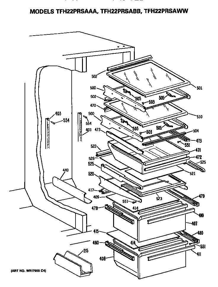 GE TFH22PRSABB refrigerator shelves diagram
