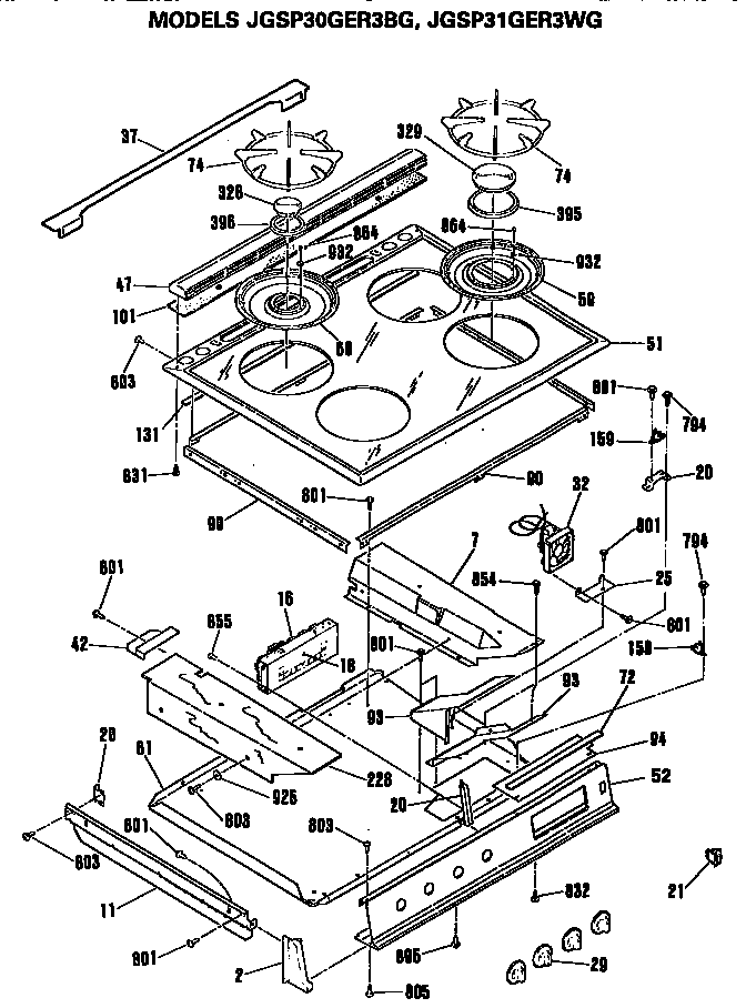 GE JGSP31GER3WG cooktop and controls diagram