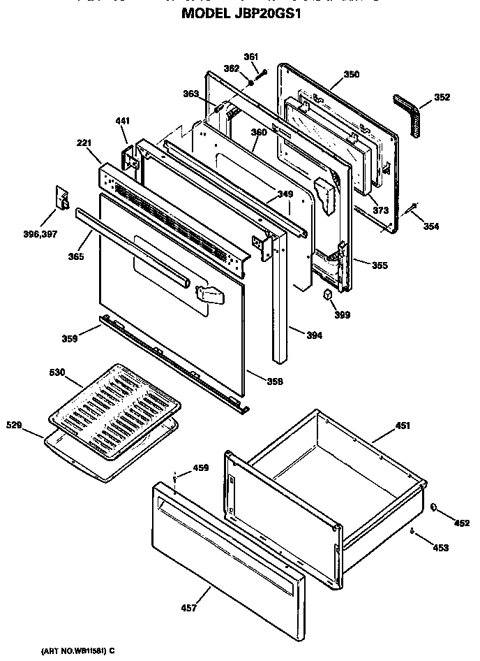 GE JBP20GS1 door/utility drawer diagram